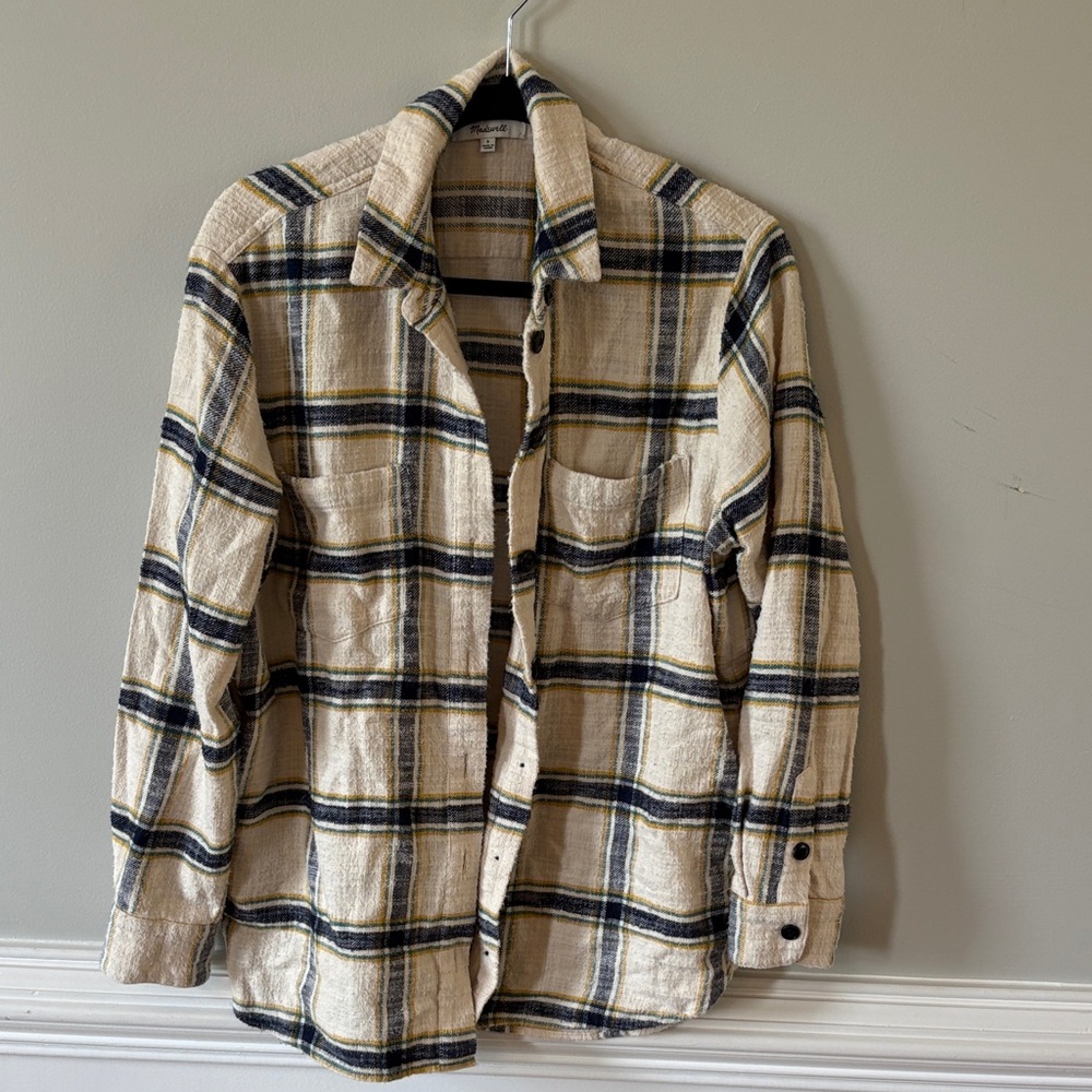 Madewell Oversized Ex-Boyfriend Button down, Cream with blue and Yellow plaid